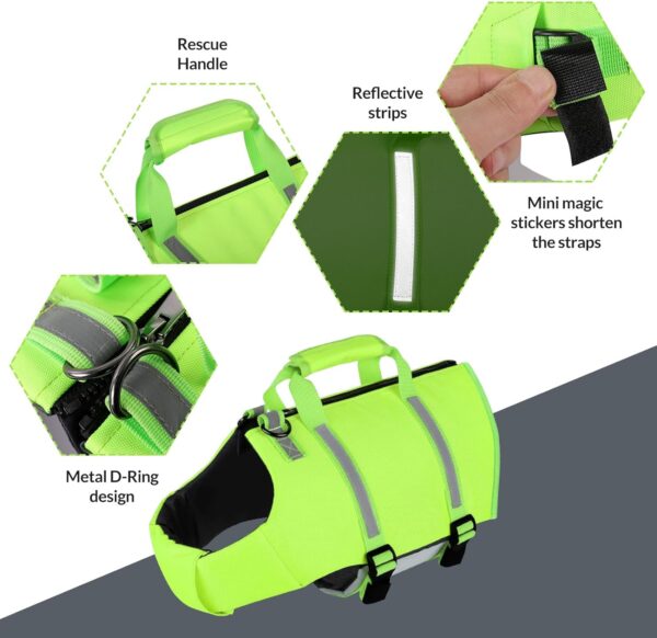 SAWMONG Dog Life Jacket,Dog Swimming Vest with Ripstop and High Flotation for Small Medium Large Dogs,Reflective Lightweight Dog Life Preserver with Rescue Handle for Swimming Boating Green L - Image 4