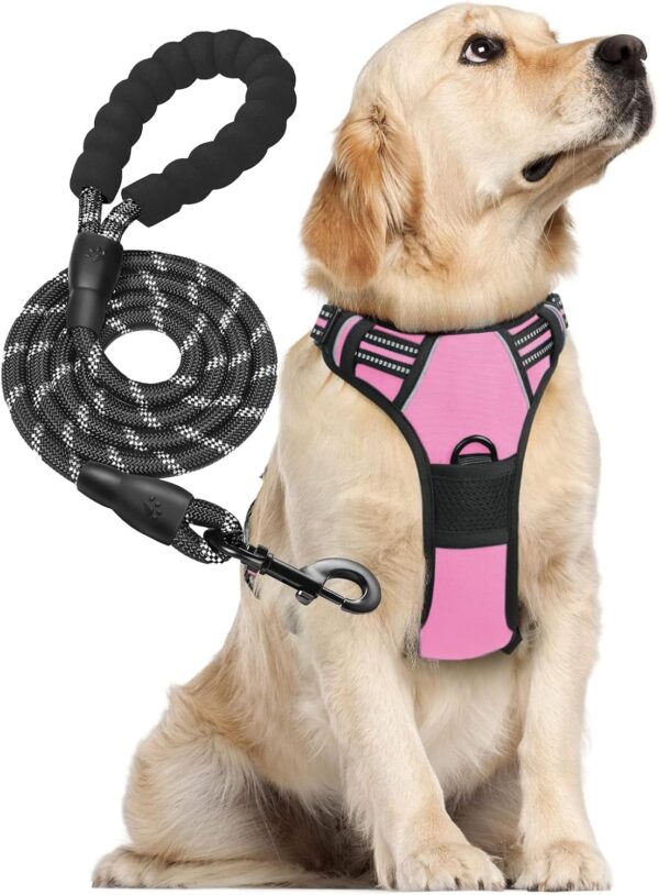 Dog Harness and Leash Set, No Pull Dog Harness with 2 Leash Clips and 3 Buckles, Adjustable Reflective Soft Padded Dog Vest with Easy Control Handle (Pink, Medium)