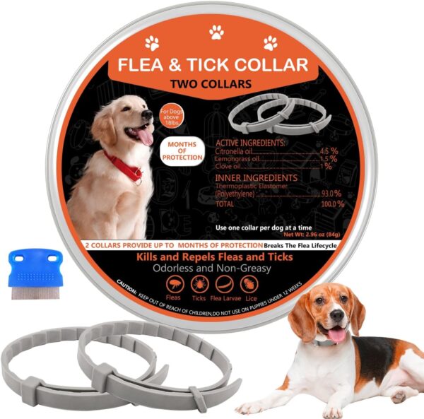 Flea Collar for Dogs, 2 Pack Flea and Tick Collar for Dogs, Dog Flea Collar Offers Long Flea and Tick Prevention, Waterproof Dog Flea and Tick Collar, Adjustable, One Size Fits All Dogs Puppies