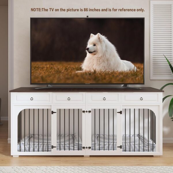 86.6" Extra Large Dog Crate Furniture for Large Breeds,XXXL Wooden Double Dog Crates Kennel Cage Furniture Style TV Stand Side End Table for 2 Dogs with Divider Locks and 4 Drawers,White - Image 6