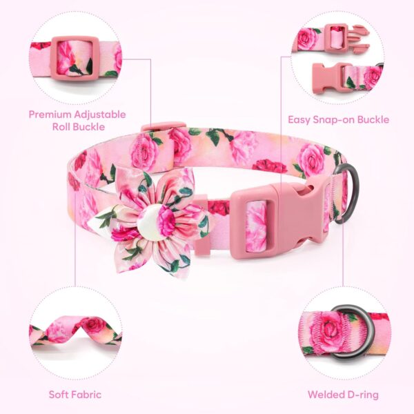 Dog Collar Floral Girl Pink Dog Collar with Rose Flower Bow Tie Dog Collar for Cute Female Cats Dogs Spring Summer Season Dog Collar for Small Medium Large Dogs for Your Furbaby - Image 4