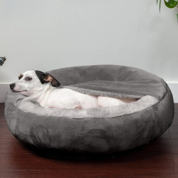 Furhaven 24" Round Calming Donut Dog Bed for Indoor Cats & Small Dogs, Washable, For Dogs Up to 20 lbs - Plush Velvet Waves Hooded Donut Bed - Dark Gray, Small - Image 3