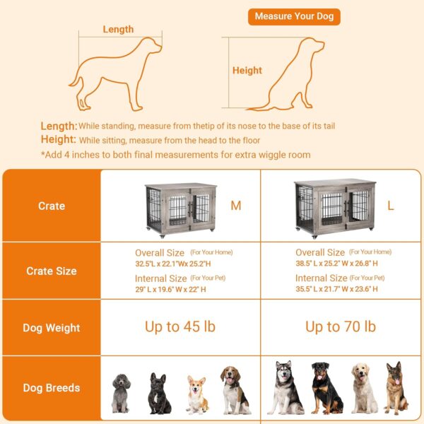 Lulive Dog Crate Furniture, Dog Kennel Indoor Double Doors Wooden Dog Cage, 33'' Heavy Duty Dog Crate with Cushion & Wheels, Decorative End Table Pet House Chew-Resistant for Medium/Small Dog, Grey - Image 6