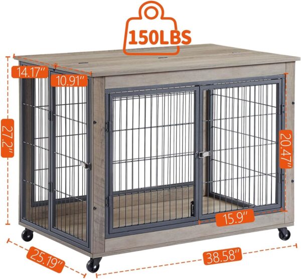 IchbinGo Dog Crate Furniture, Wooden Table, 38.5" Dog Kennel with 3 Doors, Flip-up Top Opening and Wheels, Decorative Pet Crate House for Large/Medium/Small Dog Indoor Use (Rustic Grey) - Image 5