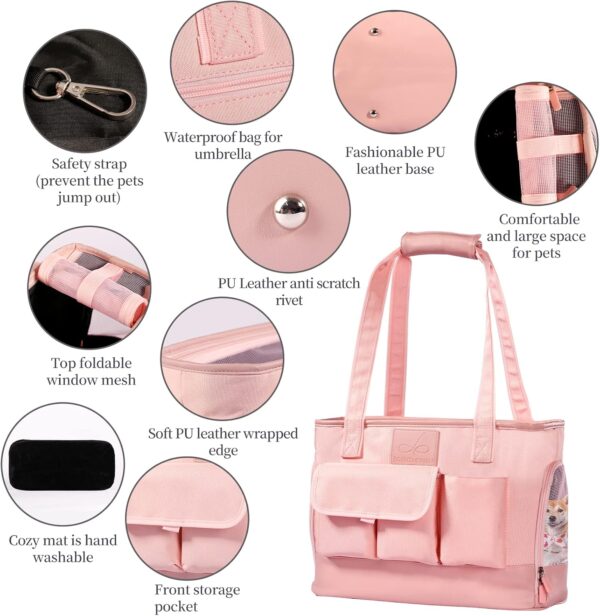 Dog Carrier, Cat Carrier, Pet Carrier, Foldable Waterproof Premium PU Leather Oxford Cloth Dog Purse, Portable Tote Bag Carrier for Small to Medium Cats and Small Dogs (Pink) - Image 3