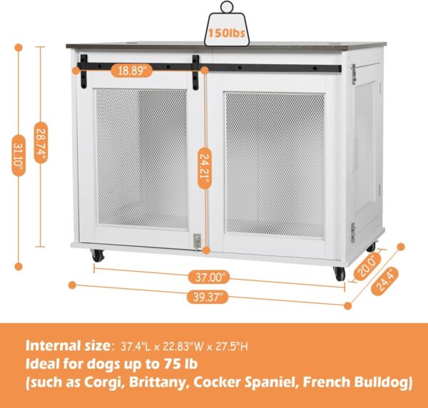 LINLUX 40 Inch Dog Crate Furniture, Wooden Heavy Duty Dog Kennel Indoor, Decorative Dog Cage Table for Large Medium Dogs, with Sliding Doors, Wheels and Flip-top Plate, White - Image 3