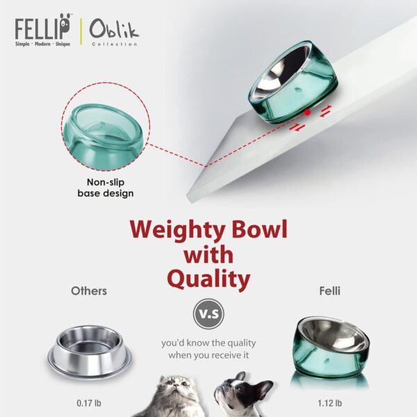 Felli Pet Oblik Anti Whisker Fatigue Cat Bowl Raised Stainless Steel Angled Wide Shallow Dish for Dry Wet Food, Vomit & Spill Proof Tilted Elevated Feeder Acrylic Base (0.5Cup, Classic) - Image 9