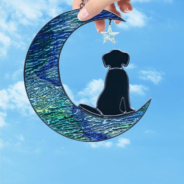 Stained Glass Window Hanging - for Suncatcher Decor Dog Memorial Gifts Cute Puppy Black Dog Decor on Blue Moon Sun Catchers Indoor Window Gifts for Dog Lovers Loss of Dog Sympathy Gift - Image 4