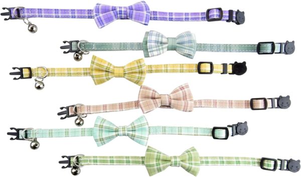 Upgraded Breakaway Cat Collar with Bow Tie and Bell, Cat Collars with Bandana, 2 Pack Adjustable Cute Plaid Cotton Kitten Collar for Male and Female Cats and Small Dogs, Green - Image 6