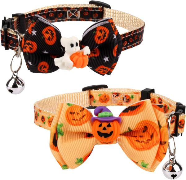 2pcs Halloween Cat Collar, Adjustable Cat Collar with Bow Printed Pumpkin Ghost Pattern Cat Collar Breakaway with Silver Bell Cute Collar for Kitten Puppy