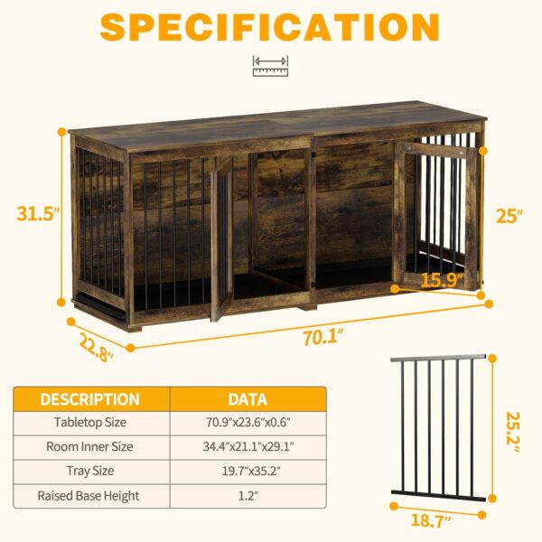 Large Funiture Style Dog Crate for 2 Dogs, 70" Wooden Dog Kennel Furniture with Removable Divider & 2 Trays, Indoor Heavy Duty Dog House w/Double Rooms for Large Medium Dogs, Brown - Image 5