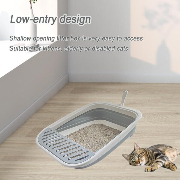 Collapsible Kitten Litter Box,Open Cat Potty Pan with Scoop Foldable Shallow Cat Toilet Anti-Splashing Waterproof Low Entrance Travel Litter Box with Falling Sand Pedal for Kitty to Senior Cats(Grey) - Image 3