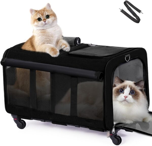 Cat Carrier,Amai Keto Cat Carrier Soft Side with Wheels for Dog & 2 Cats,Foldable Pet Travel Carrier for Medium Cats Under 25,Large,Black,24.4 x 16.5 x 15 inches