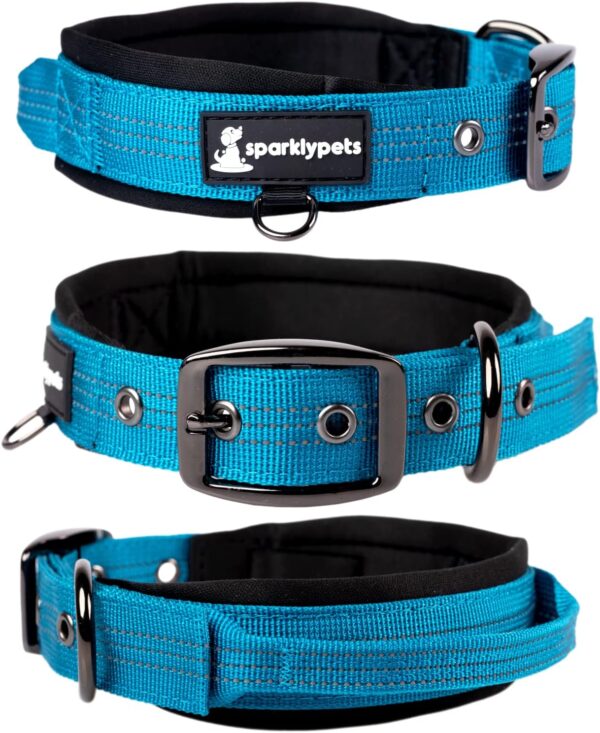 SparklyPets Heavy Duty Dog Collar with Handle for Medium and Large Dogs – Professional Collar with Reflective Stitches, Soft Handle & Nickel-plated Buckle (Medium (14,5"~18,5"), Blue)