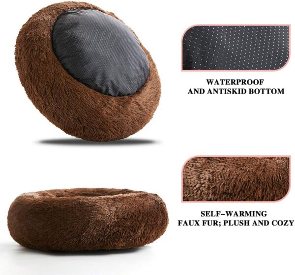 SunStyle Home Dog Bed, Anti-Slip Cute Cat Bed Faux Fur Fluffy Donut Cuddler Anxiety Cat Bed,Washable Round Cat Beds for Indoor Cats,M(24"x24"),Chocolate,for Cats & Dogs Up to 25 lbs - Image 3