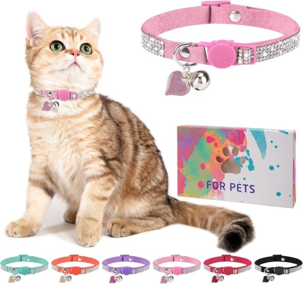 Rhinestone Cat Collar Breakaway with Bell, Diamond Cat Collar with Safety Buckle Quick Release for Girl Boy Kitten Pets Puppy,Cute Soft Female Male Cat Collars,Valentine's Day Pink 8-12"