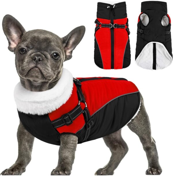 Queenmore Dog Coat, Extra Warm Winter Dog Jacket with Harness Bulid-in, Cold Weather Waterproof Dog Clothes for Large Medium Small Dogs, Fleece Lined Reflective Easy On Dog Snow Jacket,Red/Black S