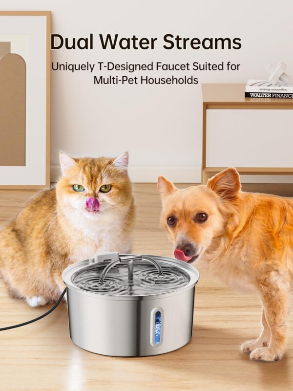 Cat Water Fountain Stainless Steel, 3.2L/108Oz Pet Water Fountain for Drinking, Automatic Metal Dog Water Dispenser Bowl with Quiet Pump, Dual-Stream, Filtration for Cats, Dogs, Multiple Pets Indoor - Image 7