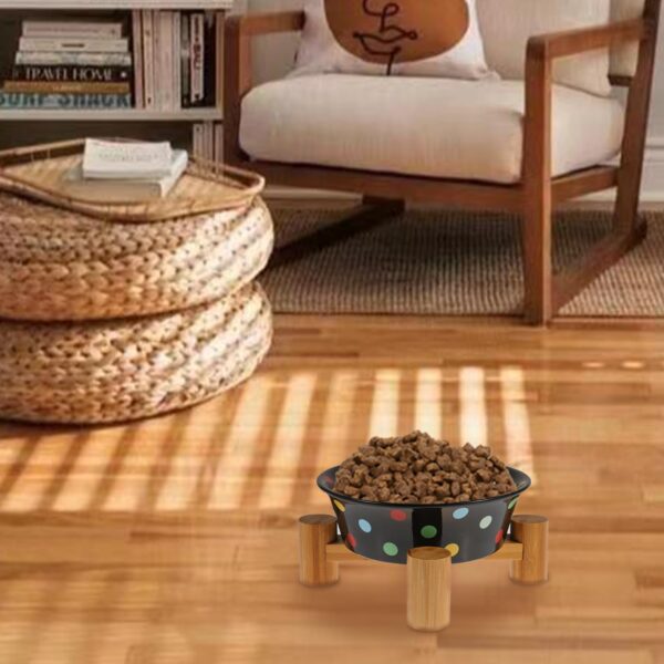 Black Elevated Ceramic Cat Food Bowl - Raised Breed Dish with Wooden Stand for Indoor Cats, Small Puppy, and Rabbit, Cute Feeding & Watering Lifted Tray, Small Size Dog Feed Water Holder - Image 3