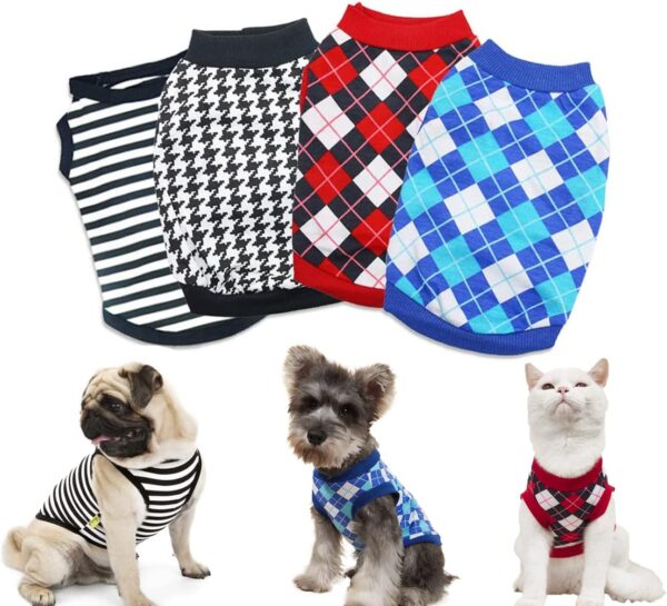 4 Pack Small Dog Tshirts Boy Striped Dogs Clothes Dog Plaid Shirt Clothes for Boys French Bulldog Clothes Puppy T-shirt for Small Dogs Boys