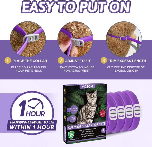 VICSOM Calming Collars for Cats, Cats Calming Collar, Pheromone Calm Collar for Cats, Waterproof Adjustable Natural Cat Calming Collars with 60 Days Anti Anxiety Relief Stress Effect, 4PCS Purple - Image 6