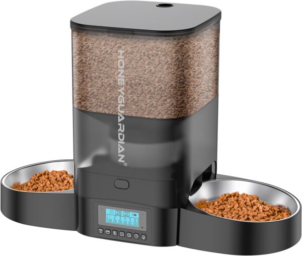 HoneyGuaridan 3.5L Automatic Cat Feeder for Two Cats, Cat Food Dispenser with Stainless Steel Bowl,Timed Cat Feeder Programmable 1-6 Meals Control, Dual Power Supply,10s Meal Call Black