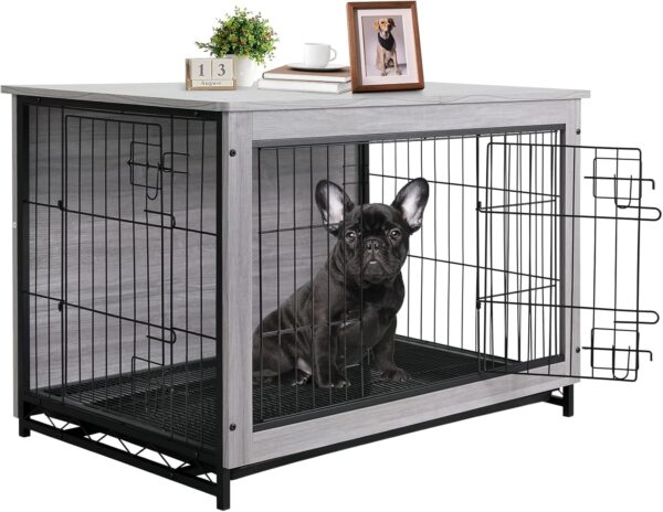 TLSUNNY Dog Crate Furniture, 29.1" Wooden Dog Kennel Indoor with 2 Doors, Heavy-Duty Dog Cage with Removable Tray, End Side Table, Modern Dog House for Large/Medium/Small Dogs, Grey