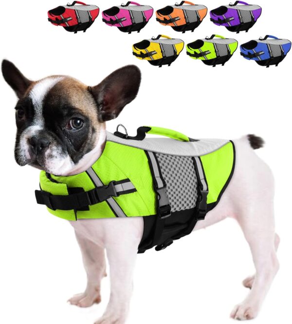 Queenmore Dog Life Jacket Small Float Vests for Swimming Boating Kayaking Mediumn Puppy Dogs Cats Neoprene Life Preserver Pet Water Lifesaver Lightweight Reflective Green,S