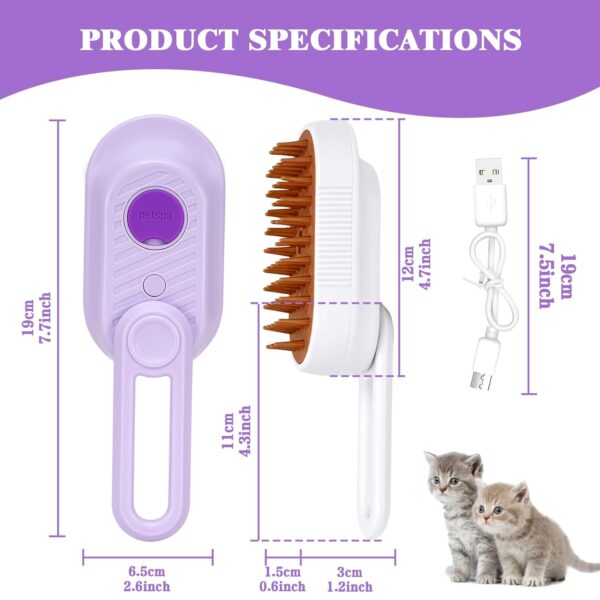 2 Pcs Cat Steam Brush Set-3 in 1 Steamy Cat Brush with Swivel Handle, Rechargeable Steamy Pet Brush Cat Grooming Brush, Spray Cat Steamer Brush for Massage, Pet Hair Removal Comb(White/Purple) - Image 7