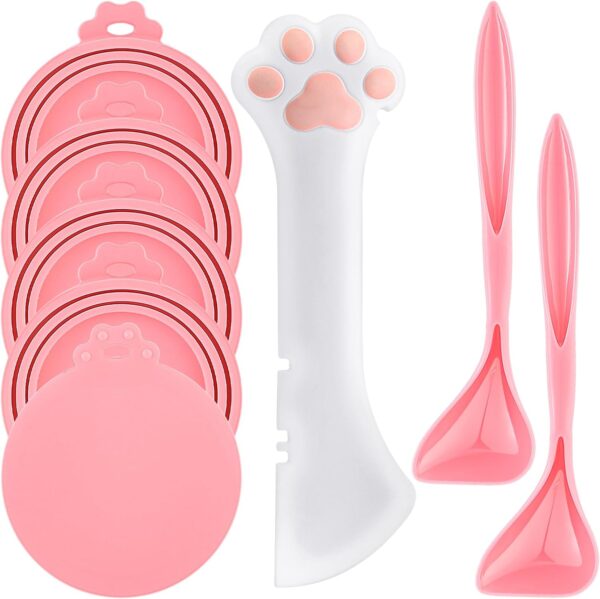 Uiifan 8 Pcs Pet Food Can Supplies Set 5 Pcs Universal Silicone Pet Food Can Covers Lids 2 Pcs Silicone Can Spoons 1 Pcs Multifunctional Pet Can Opener for Pets Dogs Cats Feeding Can (Pink)