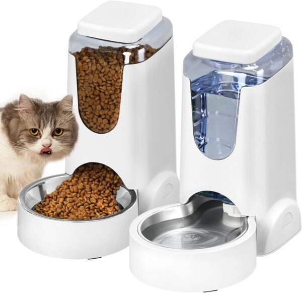 Automatic Cat Feeder and Water Dispenser with Stainless Steel Bowl Dog Gravity Food Feeder and Waterer for Small Medium Pets Puppy Kitten 1 Gallon x 2