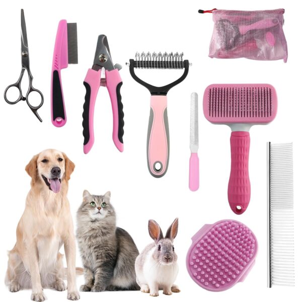 Dog Brush for Shedding,9 PCS in One Pet Slicker Hair Brush Kit with Pet Nail Clipper and File - Dog Cat Grooming Deshedding Undercoat Rake Brush Comb for All Small Large Dogs Cats Pink