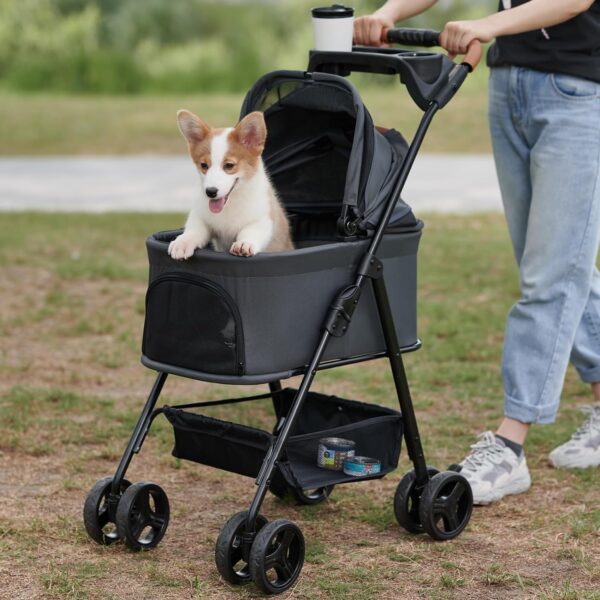 3 in 1 Folding Dog Stroller, Pet Folding Stroller, 4 Wheels Dog/Cat Puppy Stroller w/Removable Travel Carrier for Small/Medium Pet, Waterproof Pad, Car Seat, Sun Shade