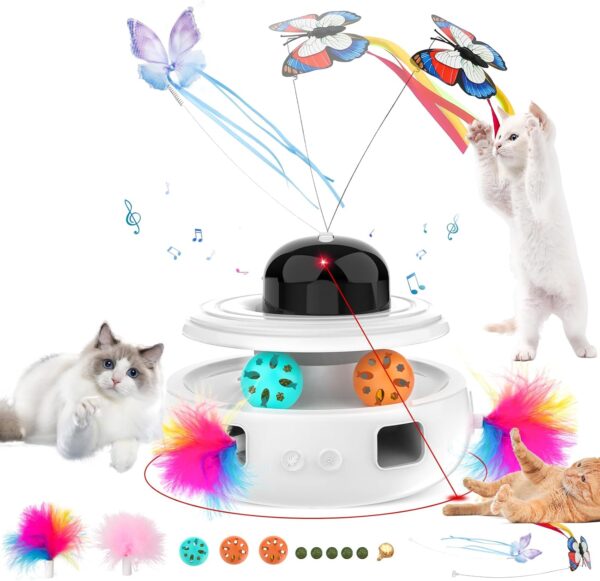 5 in 1 Interactive Cat Toys - Automatic Kitten Toys | Interactive Cat Toy for Indoor Cats, Fluttering Butterfly Toy for Pets Chase and Exercise, White