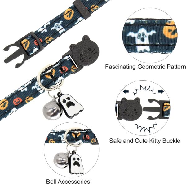 Halloween Cat Collar,2 Pack Breakaway Cat Collar with Bells,Pumpkin and Ghost Charm, Halloween Orange+Black - Image 2