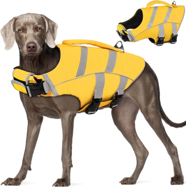 AOFITEE Dog Life Jacket Large, Dog Life Vest for Swimming, High Flotation Dog Swimming Vest with Rescue Handle and D-Ring, Reflective Dog Lifesavers Swimsuit for Swimming Pool Beach Boating