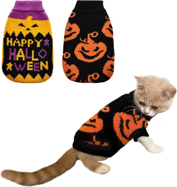 Vehomy 2Pcs Dog Cat Halloween Sweaters Dog Pumpkin Sweater Dog Cat Pumpkin Turtleneck Knitwear Shirt Dog Puppy Halloween Costume Clothes for Small Medium Dogs Cats S