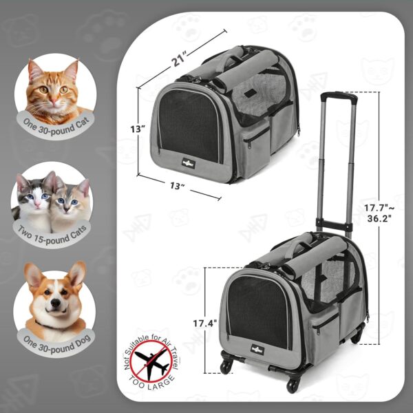 Large Cat Carrier with Wheels, Foldable Rolling Pet Dog Carrier with Wheels and Big Pocket, Cat Carrier Travel Bag for 2 Cats Dogs Under 30 lbs for Outdoor Vet Visits, Gray - Image 2