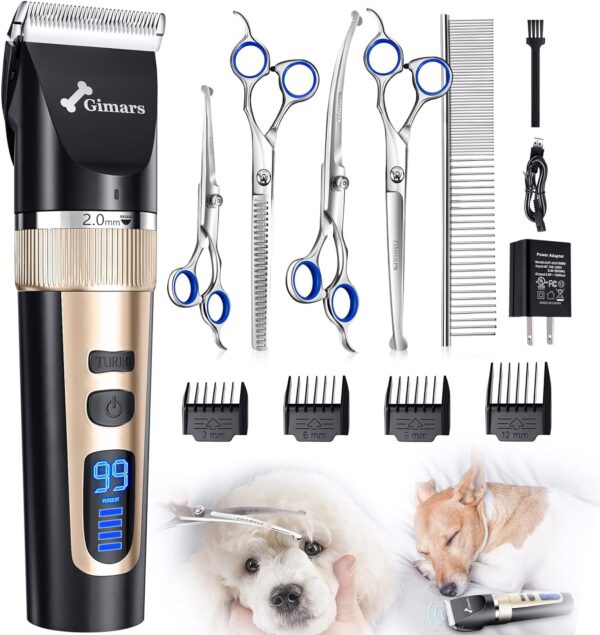 Gimars Cordless 3-Speed Dog Clippers with 6 in 1 4CR Stainless Steel Dog Grooming Scissors Kits, Low Noise Quiet Rechargeable Pets Hair Thick Coats Trimmers Dog Shaver Clippers Kit for Dogs Cats Pet