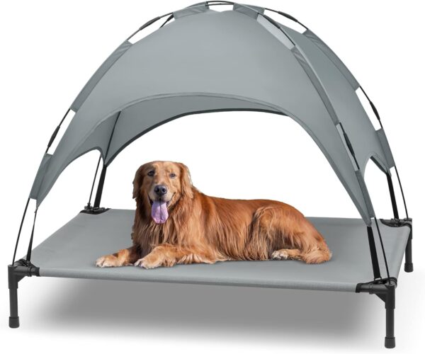 Heeyoo Elevated Dog Bed with Canopy, Outdoor Dog Cot with Removable Canopy Shade Tent, Portable Raised Pet Cot Cooling Bed for Dogs