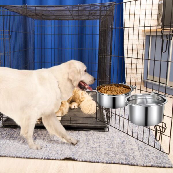 Pet Dog Food Water Bowl for Cage, Stainless Steel Non-Spill Kennel Hanging Cats Bowls with Clamp Holder Crate Feeder Dish for Small Medium Large Dogs (Silver, L (77 & 45 OZ)) - Image 7