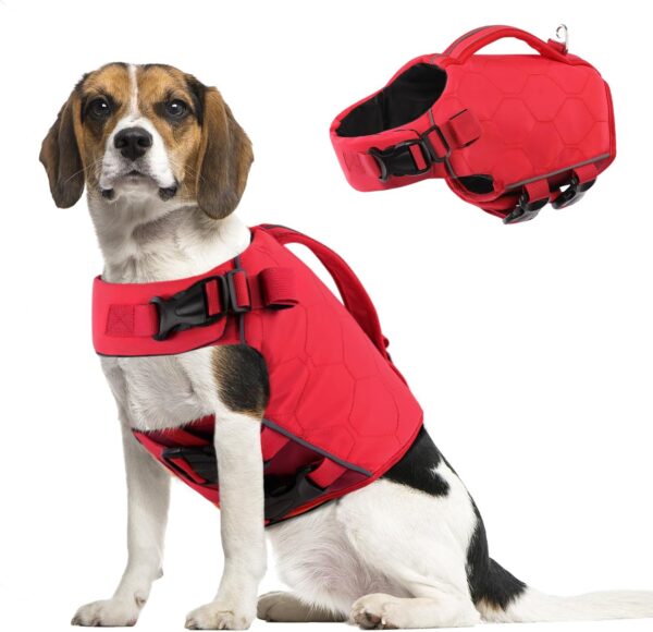 MIGOHI Dog Life Jacket Large,Dog Life Jacket,High Flotation Dog Life Vest for Swimming Surfing Boating English Bulldog,Reflective Pet Lifesaver Preserver,Dog Vest Harness Dog Beach Essentials,Red,L