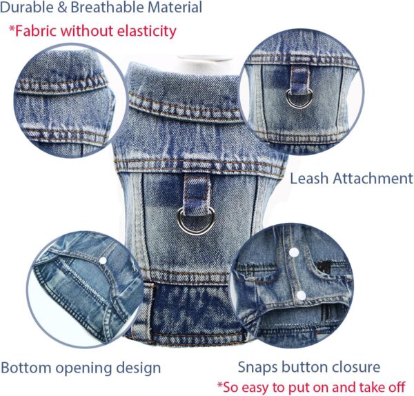 Dog Jeans Jacket Cool Blue Denim Coat for Small Medium Girl Boy Dogs Puppy Clothes Comfort Lapel Harness Vest with D-Ring for Leash - Image 5