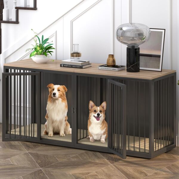 Large Dog Crate Furniture for 2 Dogs, 71.6'' Steel Frame Dog Crate with Double Doors, Heavy Sturdy Dog Kennel for Small Medium Large Dog, Indoor Double Dog Cage (Black)