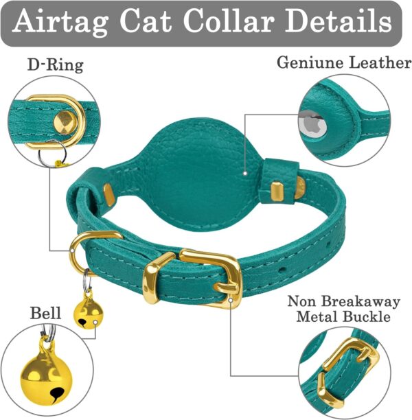 OOPSDOGGY Leather AirTag Cat Collar with Bell - Non Breakaway Kitten Collar with Apple Air Tag Holder - Lightweight GPS Pet Collars for Girl Boy Cats, Small Dogs, Puppies (Aquamarine) - Image 3