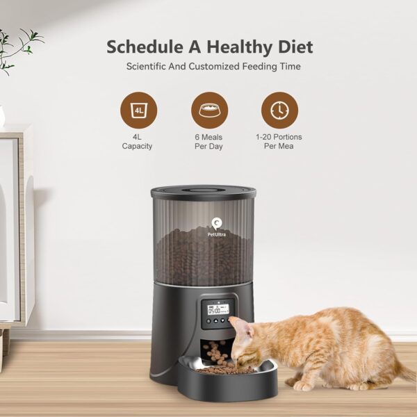 Automatic Cat Food Dispenser, Automatic Cat Feeder Programmable Portion Control, 4L Timed Auto Dog Feeders with Stainless Steel Bowl, Desiccant Bag, Dual Power Supply - Image 3