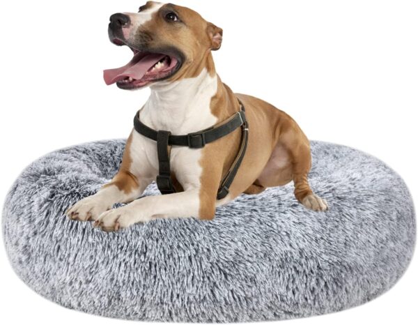 Calming Faux Fur Donut Cuddler Dog Bed,Washable Round Cat Bed Pillow Cuddler Gradient Color(23"/30") for Small Medium Large Dogs (XL 36", Grey)