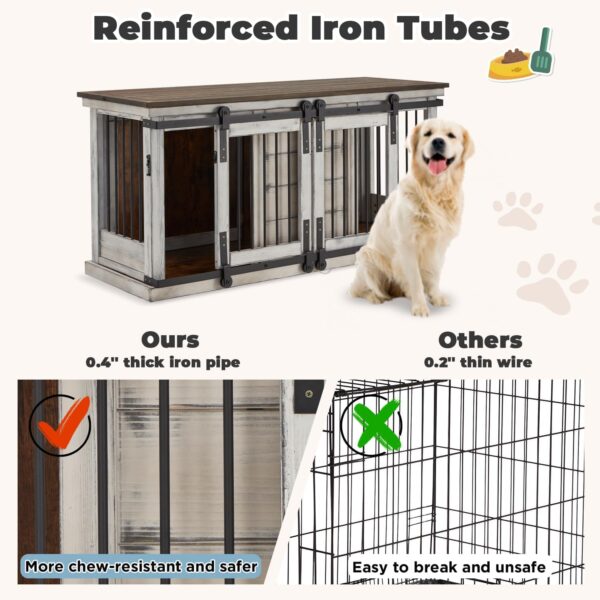 Erinnyees Dog Crate Furniture, 62.5'' Large Solid Wood Dog Kennel with Removable Divider, Bite Resistant Furniture Style Dog Crate Indoor, Dog Cage with Double Sliding Barn Door Design, White - Image 4