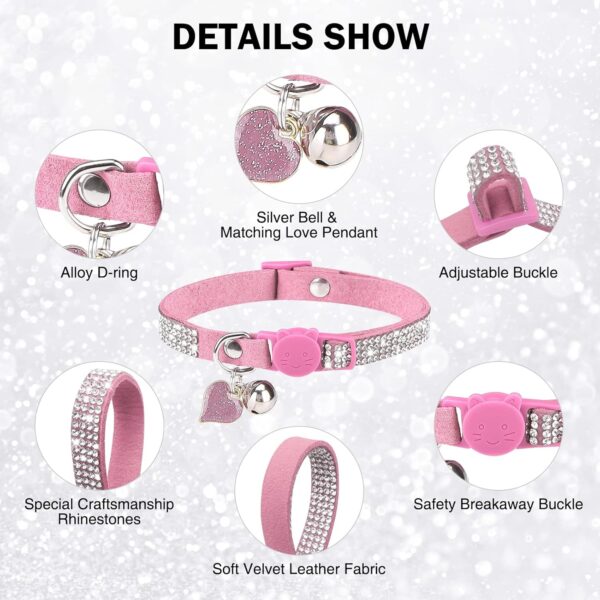 Rhinestone Cat Collar Breakaway with Bell, Diamond Cat Collar with Safety Buckle Quick Release for Girl Boy Kitten Pets Puppy,Cute Soft Female Male Cat Collars,Valentine's Day Pink 8-12" - Image 2