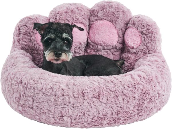 Jiupety Pet Round Bed of Paw Shape, Calming Donut Dog Bed for Medium and Small Dog, Faux Fur Cat Bed, Comfortable and Soft Puppy Bed, Machine Washable, Large Size (26"×26"×8"), Purple.